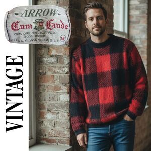 VTG Arrow Cum Laude Sweater | Man/Woman Sz M | Red Black Plaid | Wool | 50s 60s